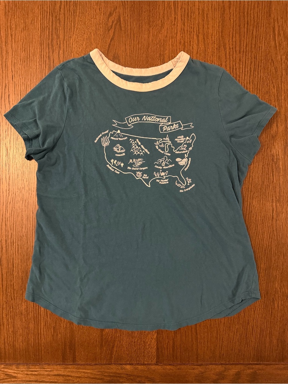 Old Navy Teal Everywear Ringer Tee with Off-White Trim & National Parks Graphic